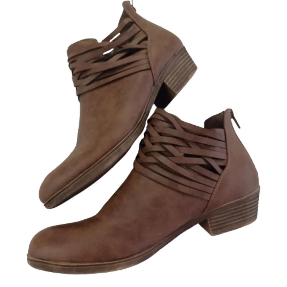 RAMPAGE RAM ROADIE Cognac Brown Strappy Zipper Back Ankle Booties Boots Size 9